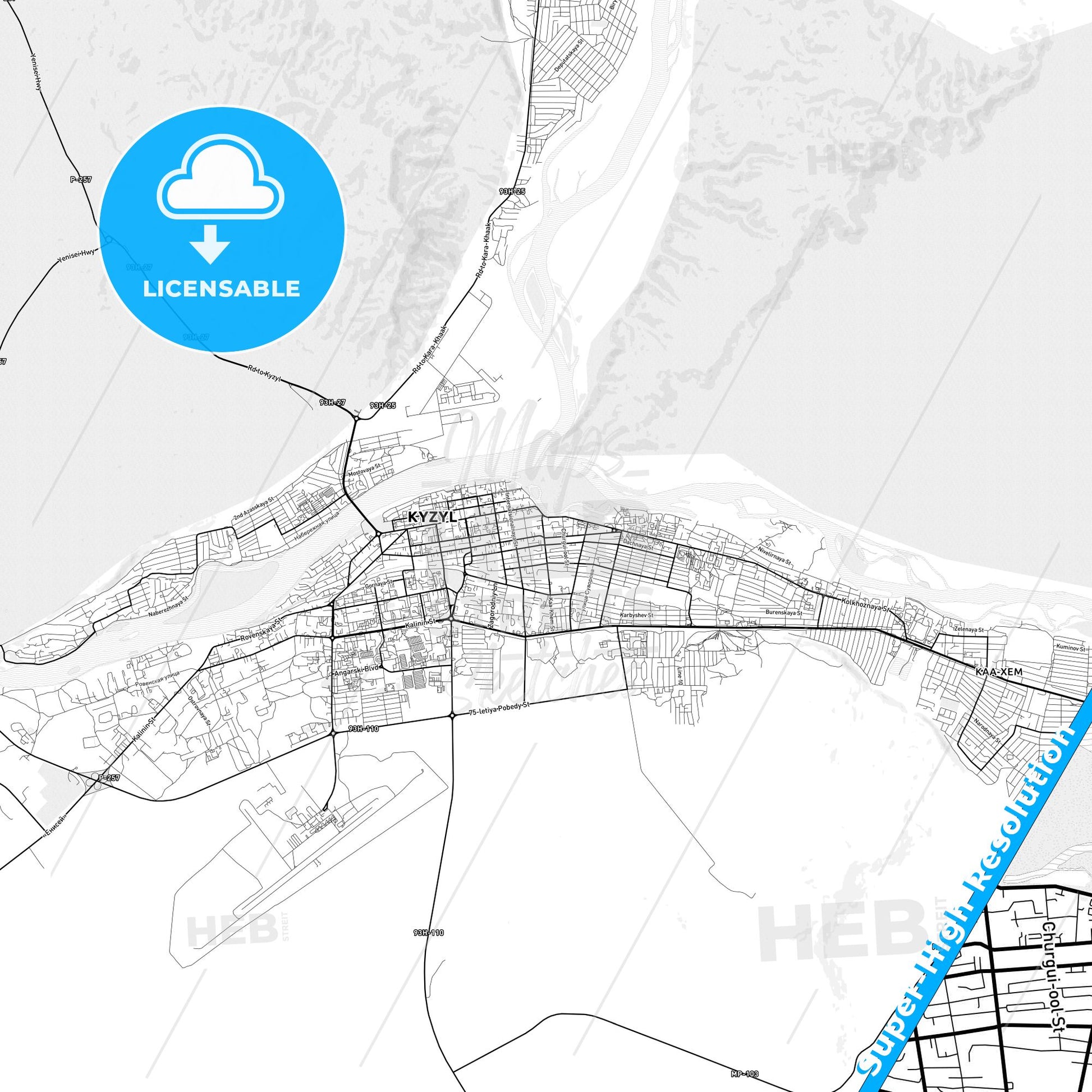 Kyzyl, Russia light map with streetnames, citynames and districts