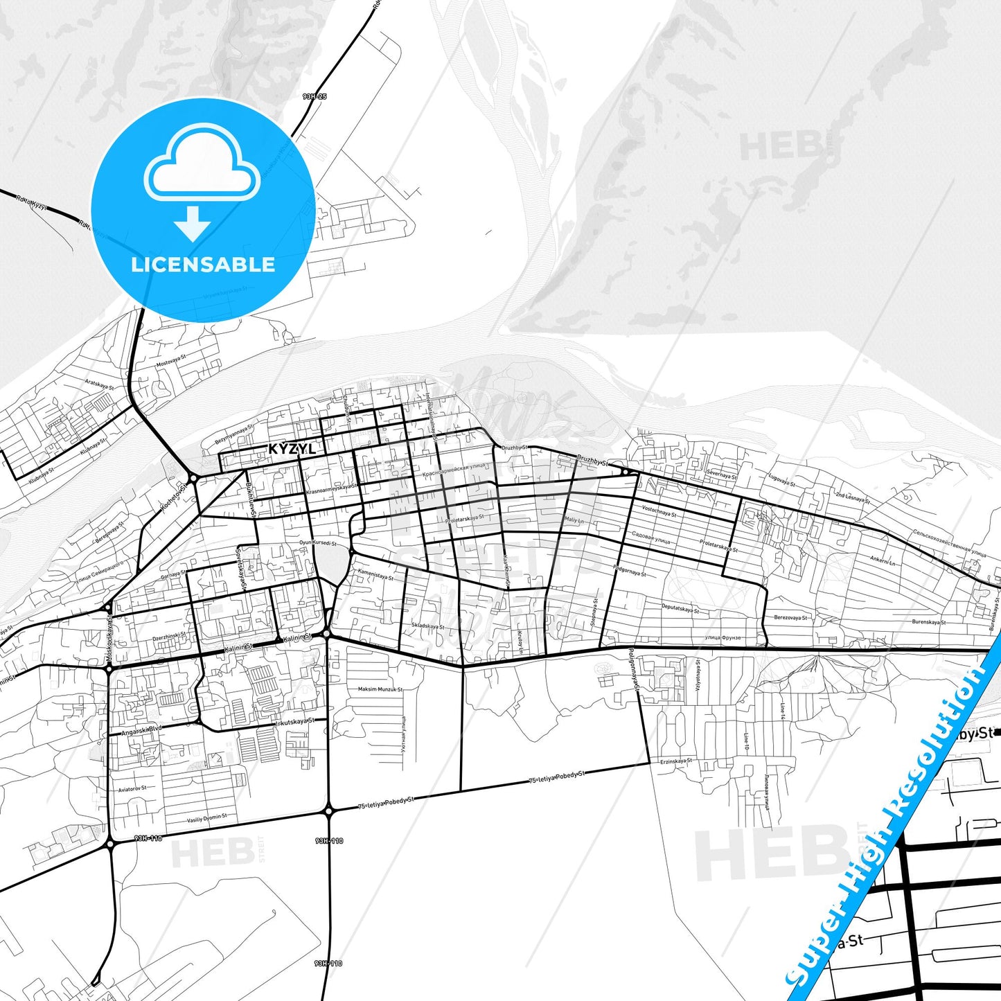 Kyzyl, Russia Light Map with Street Names, City Names, and Districts