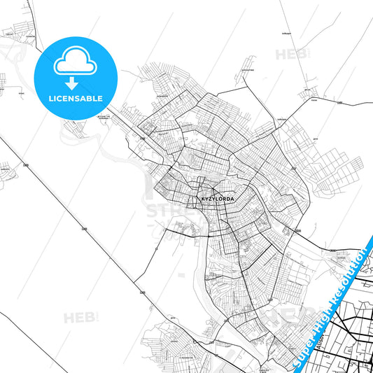 Kyzylorda, Kazakhstan light map with streetnames, citynames and districts