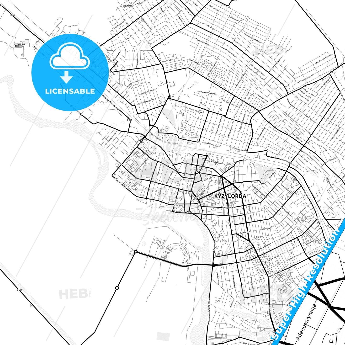 Kyzylorda, Kazakhstan Light Map with Street Names, City Names, and Districts
