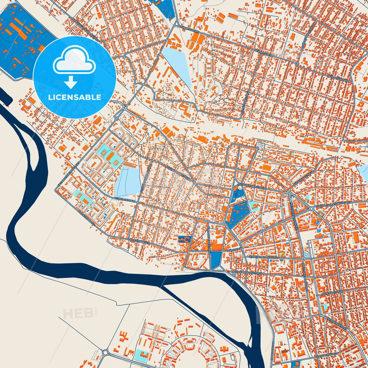 Colorful Kyzylorda Street Map with Labels and Buildings