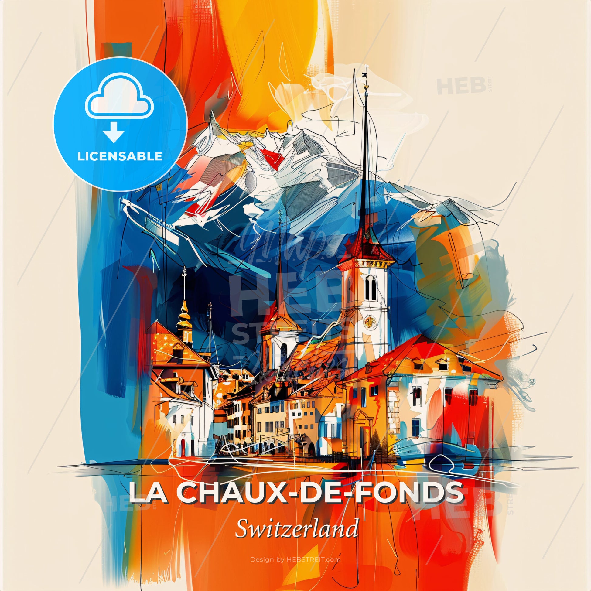 Vibrant La Chaux-De-Fonds, Switzerland - A Painting Of A Town With A Steeple And Mountains In The Background - Square format print template