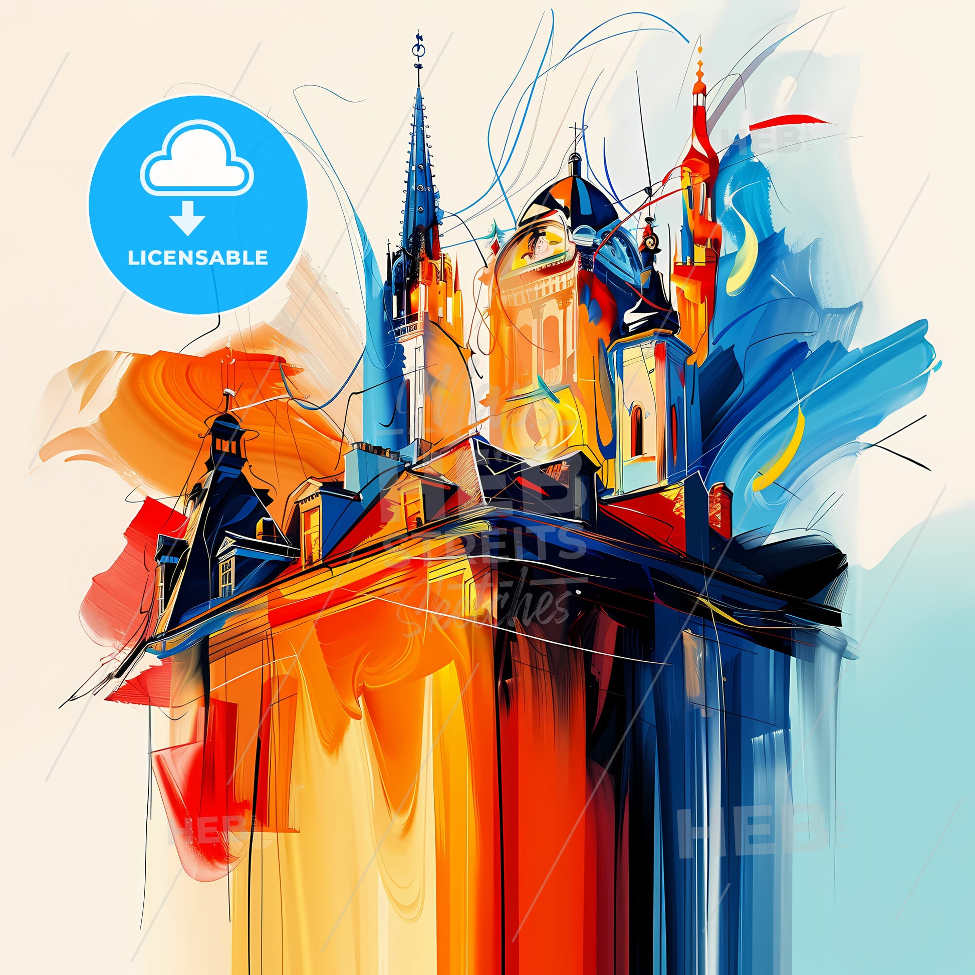 Vibrant La Louvière, Belgium - A Colorful Painting Of A Castle