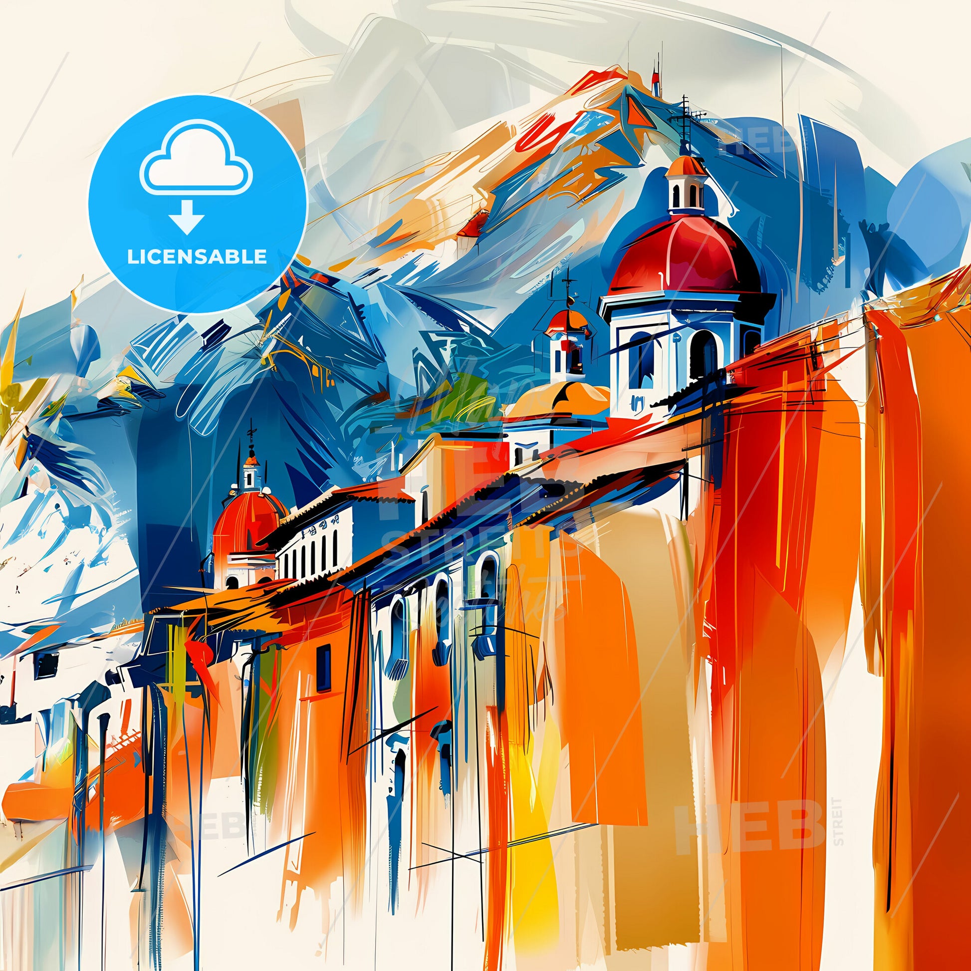 Vibrant La Paz, Bolivia - A Painting Of A Building With A Mountain In The Background