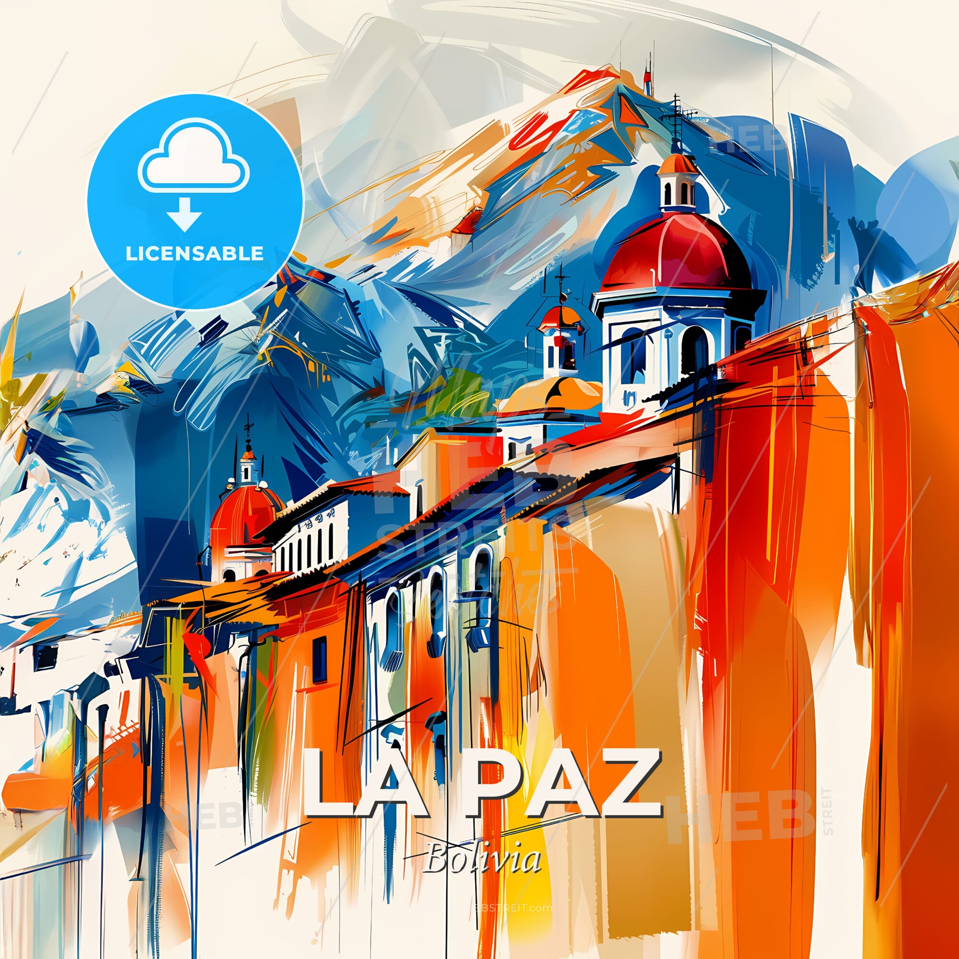Vibrant La Paz, Bolivia - A Painting Of A Building With A Mountain In The Background - Square format print template