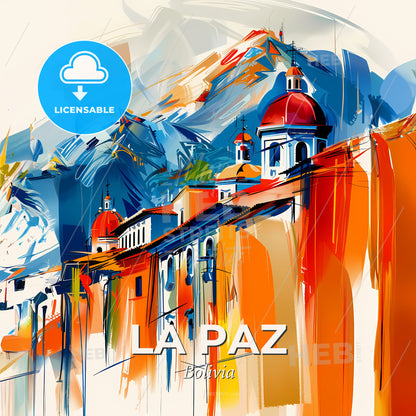 Vibrant La Paz, Bolivia - A Painting Of A Building With A Mountain In The Background - Square format print template