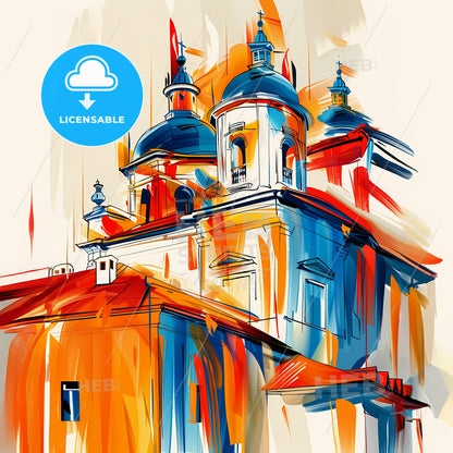Vibrant La Plata, Argentina - A Painting Of A Building With Blue And Orange Roofs
