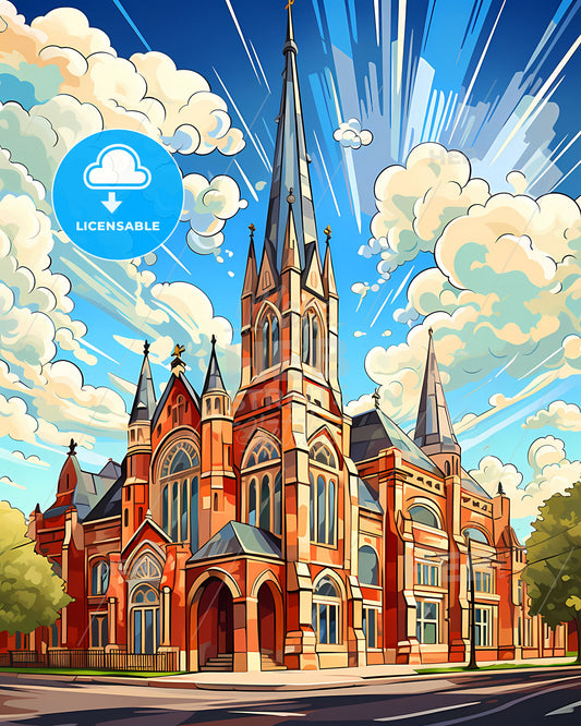 vibrant painting of La Plata Argentina skyline showcasing the tall tower of a church