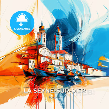 Vibrant La Seyne-Sur-Mer, France - A Painting Of A Town With Boats And A Church - Square format print template