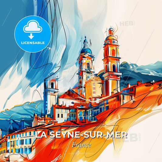 Vibrant La Seyne-Sur-Mer, France - A Painting Of A Building On A Hill - Square format print template