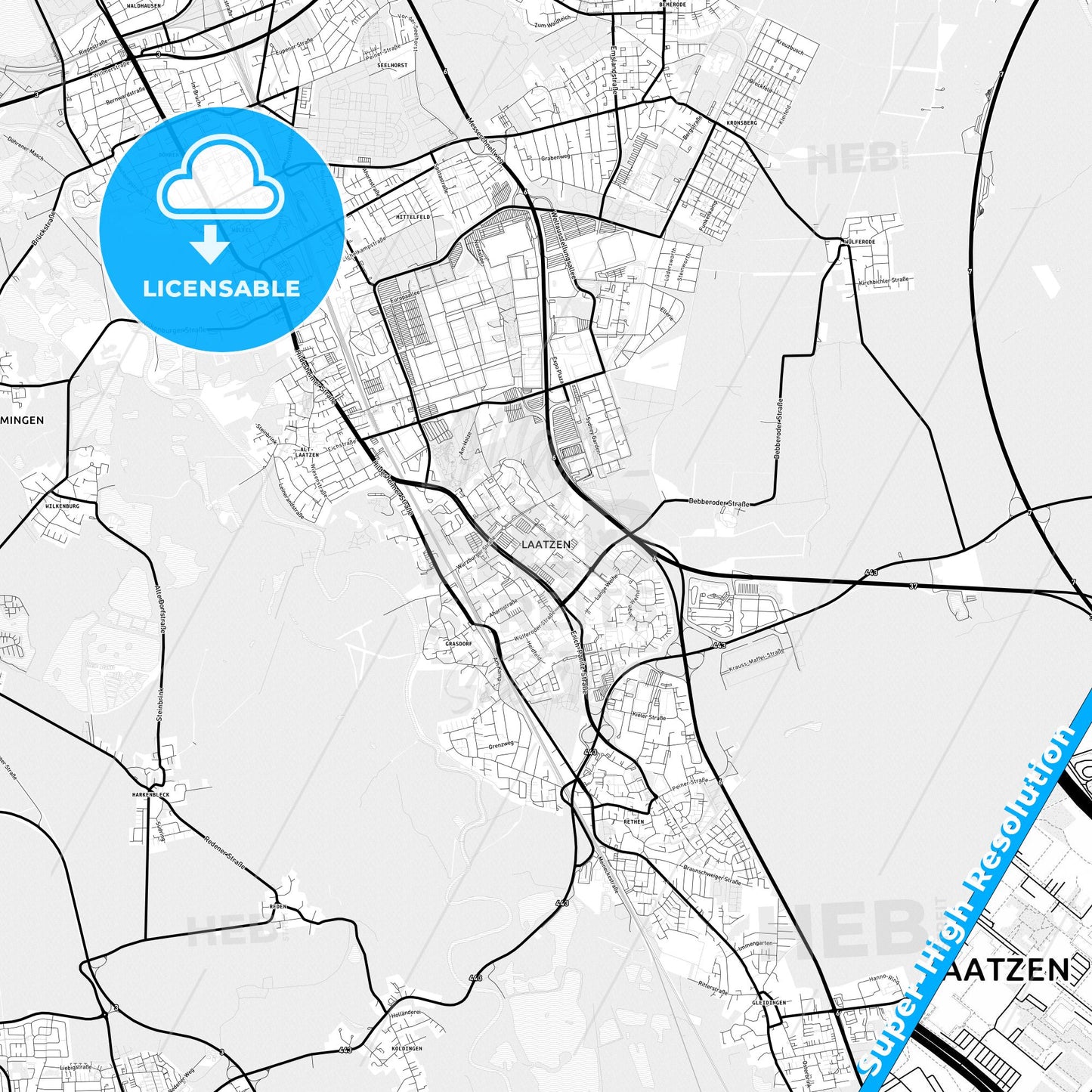 Laatzen, Germany Light Map with Street Names, City Names, and Districts