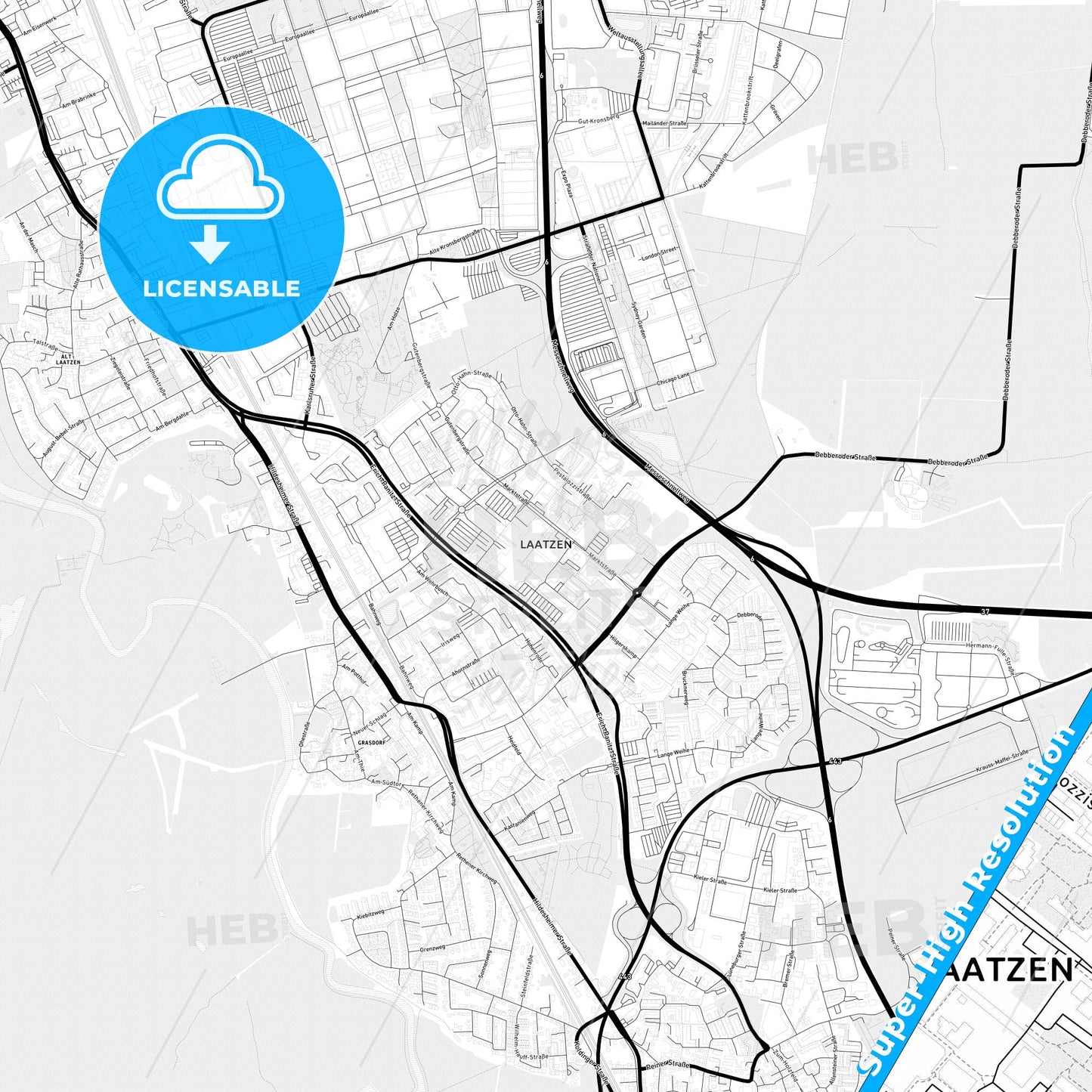 Laatzen, Germany Light Map with Street Names, City Names, and Districts