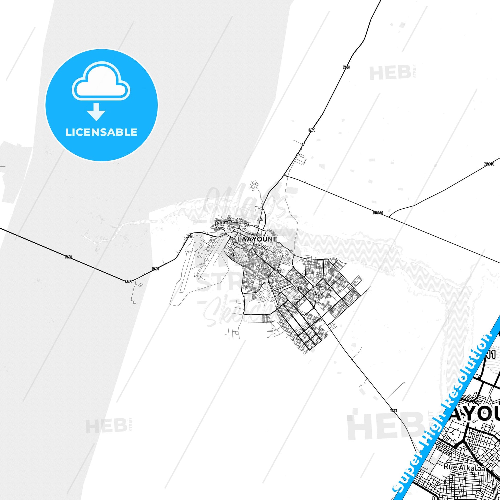Laayoune, Western Sahara light map with streetnames, citynames and districts
