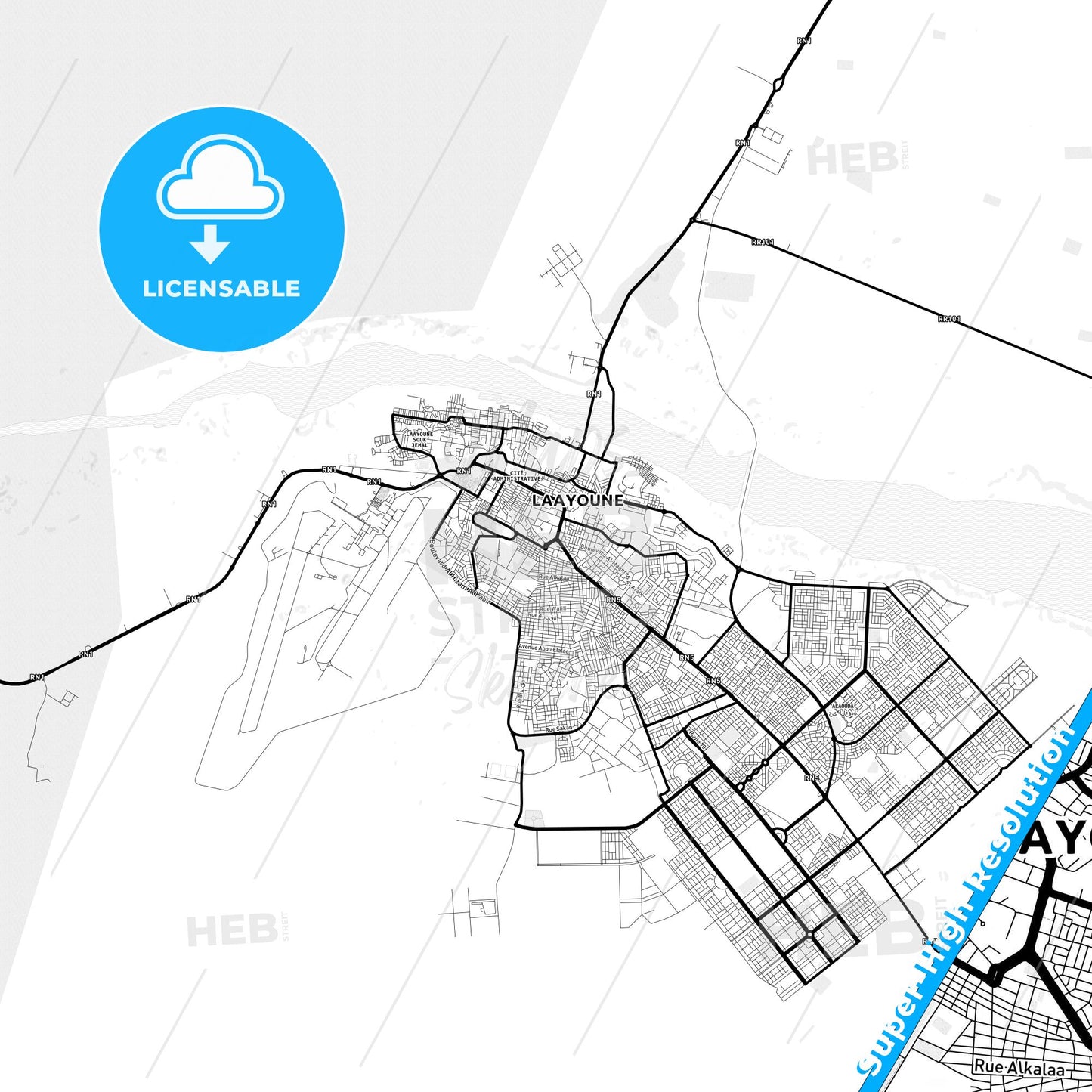 Laayoune, Western Sahara Light Map with Street Names, City Names, and Districts