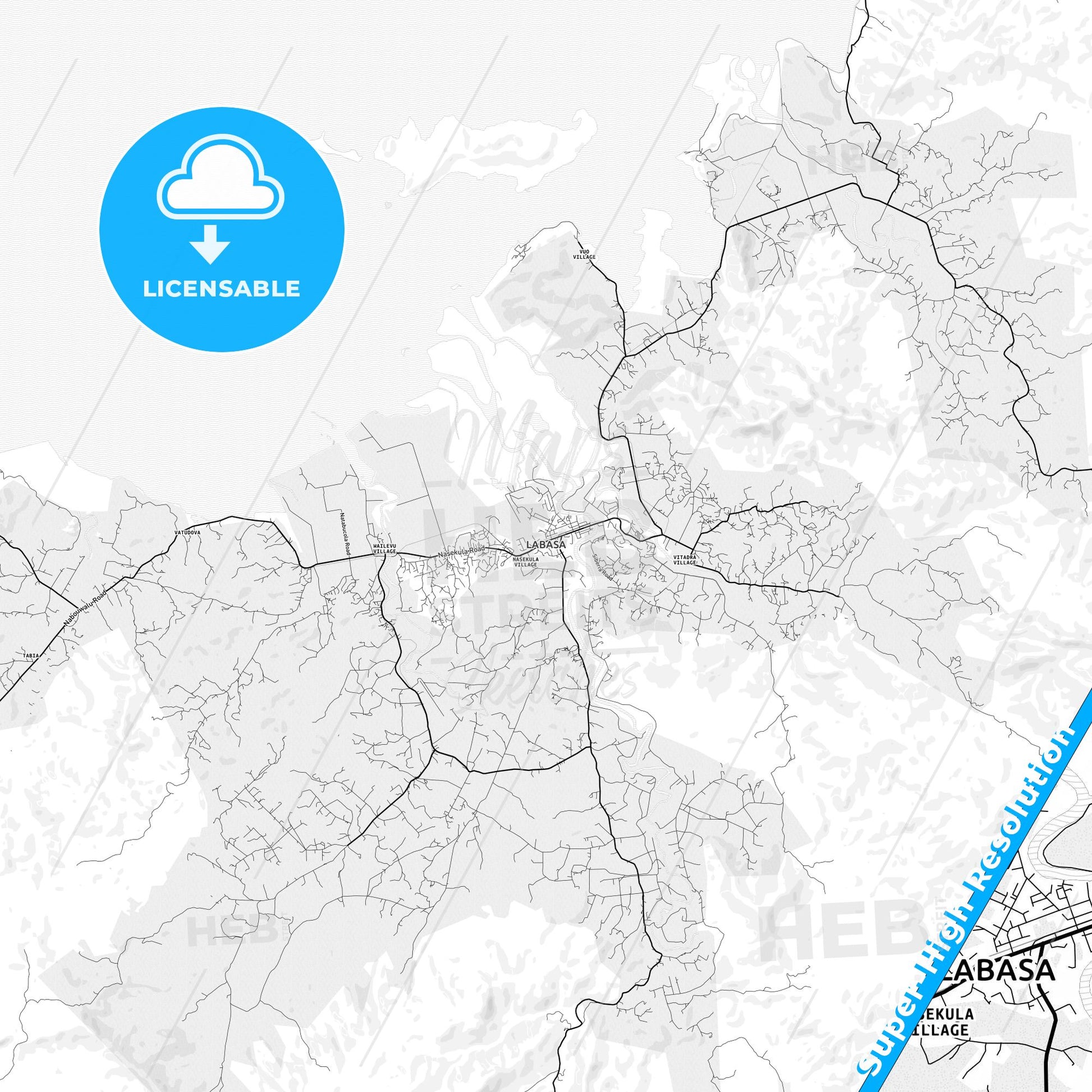 Labasa, Fiji light map with streetnames, citynames and districts