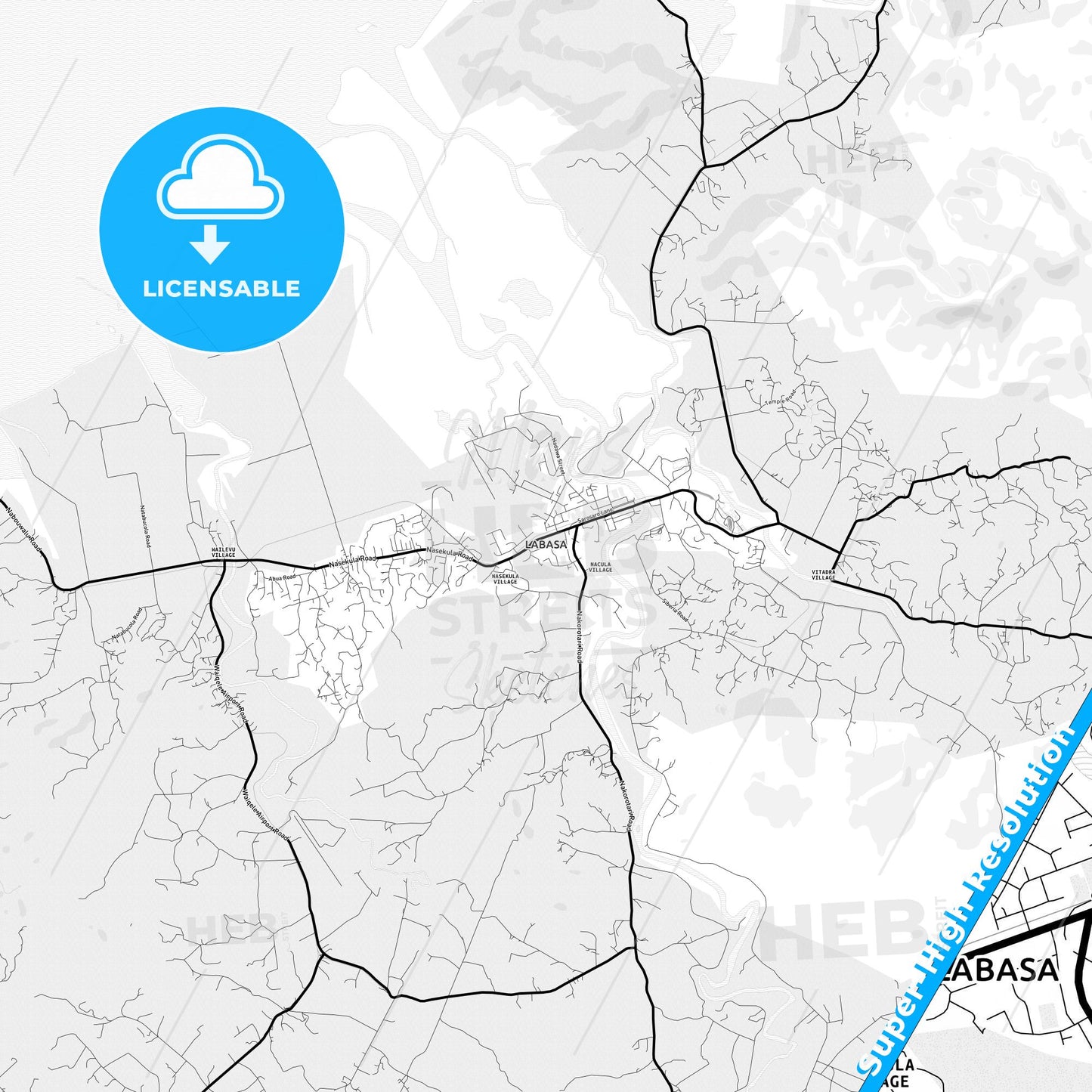 Labasa, Fiji Light Map with Street Names, City Names, and Districts