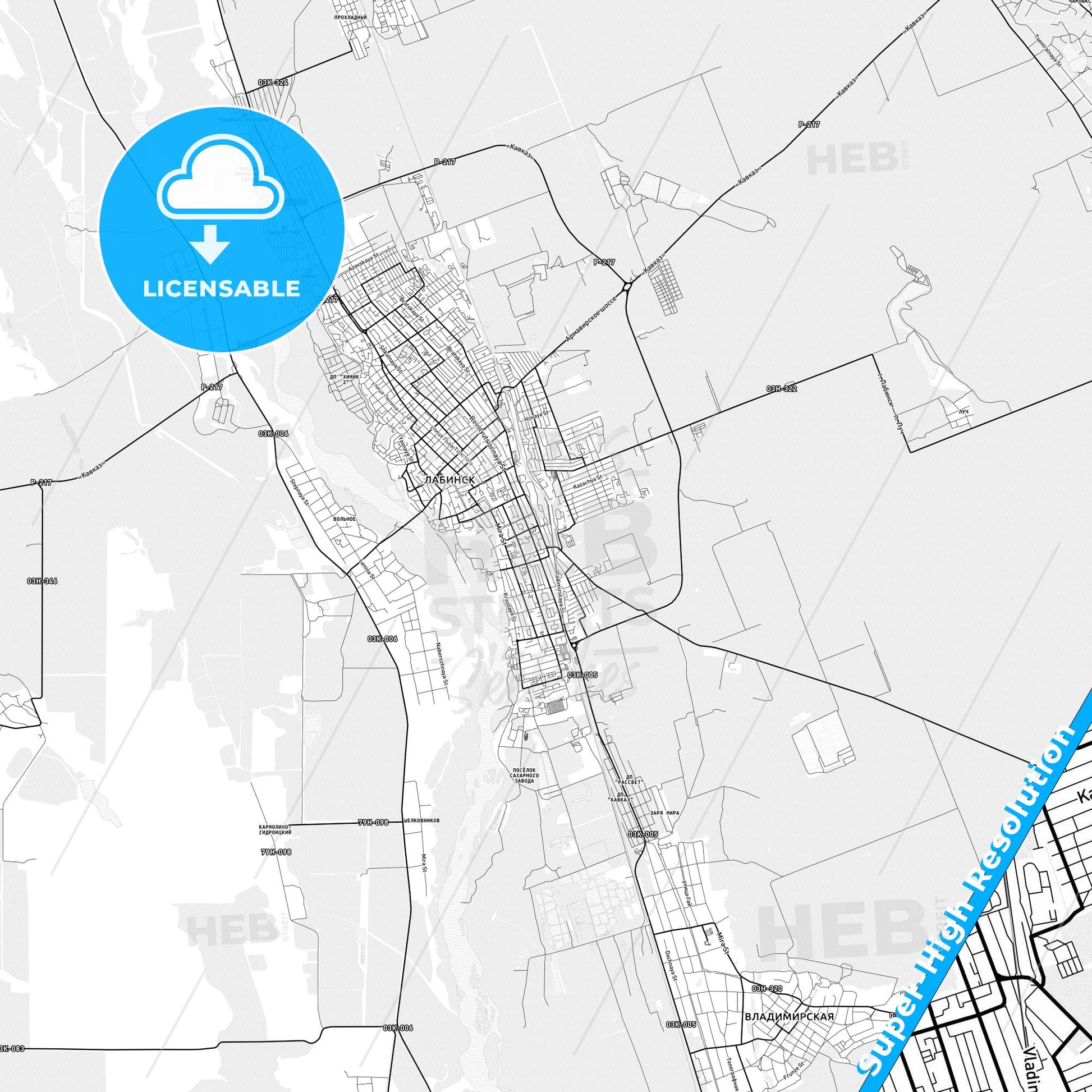 Labinsk, Russia light map with streetnames, citynames and districts