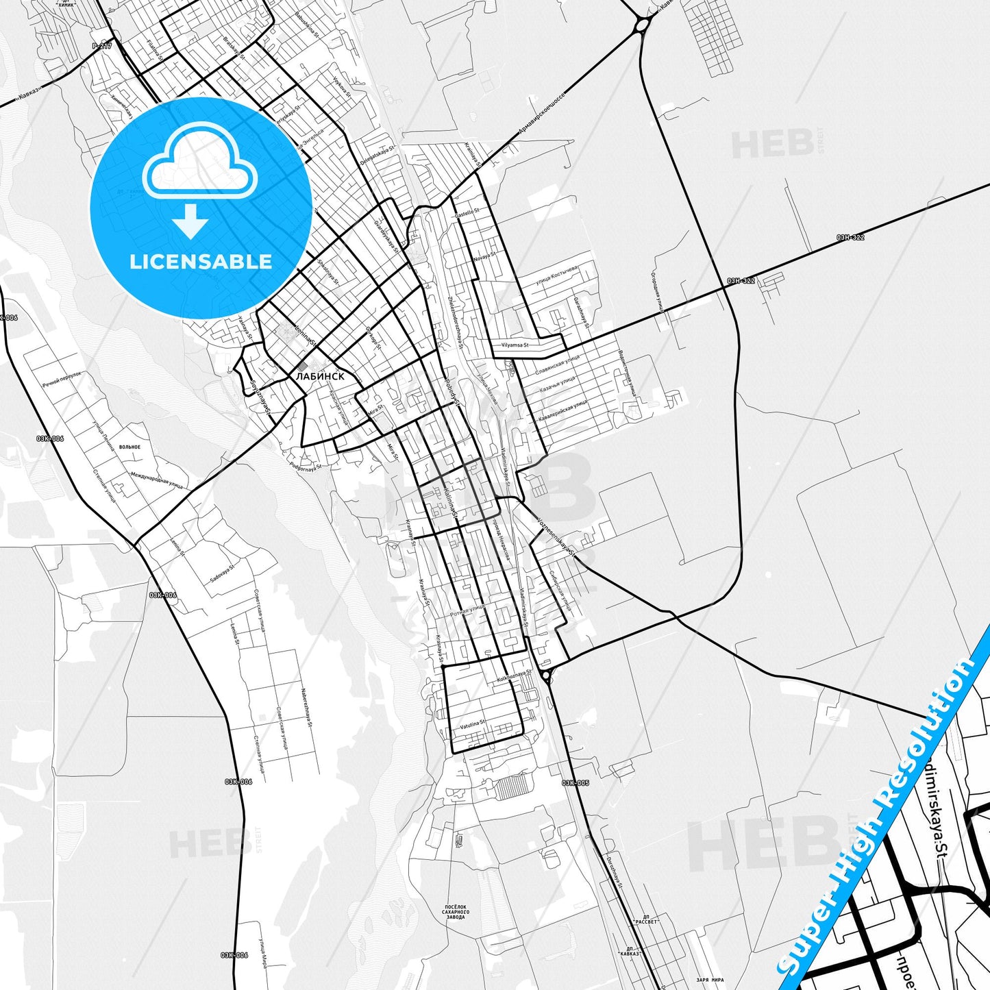 Labinsk, Russia Light Map with Street Names, City Names, and Districts