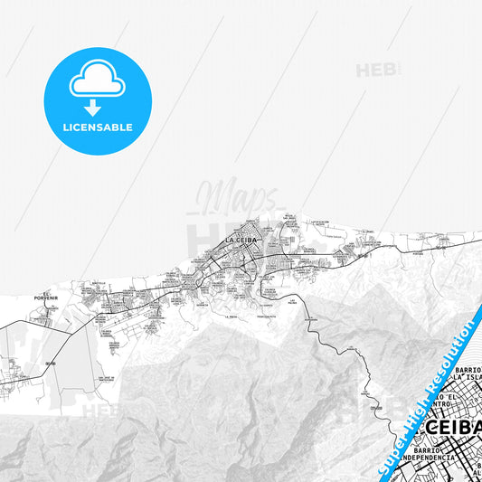 La Ceiba, Honduras light map with streetnames, citynames and districts