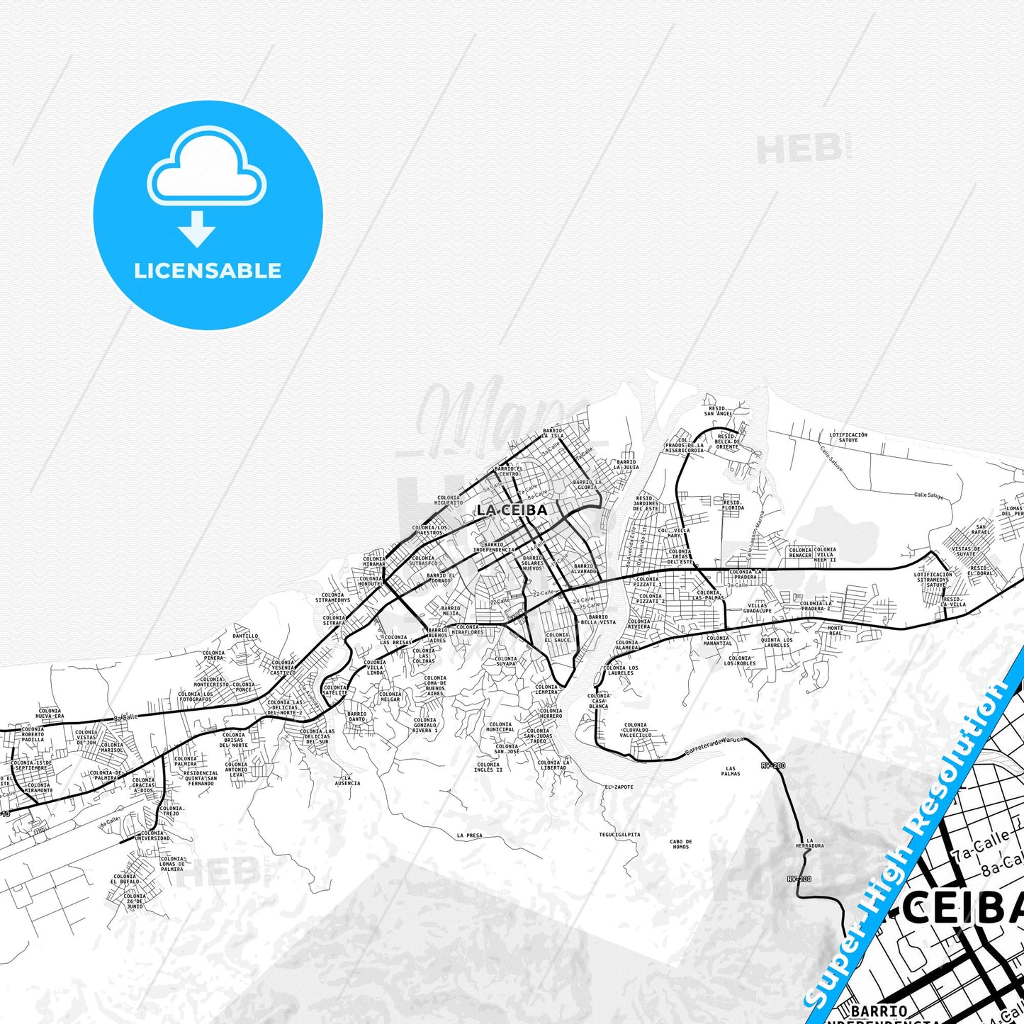 La Ceiba, Honduras Light Map with Street Names, City Names, and Districts