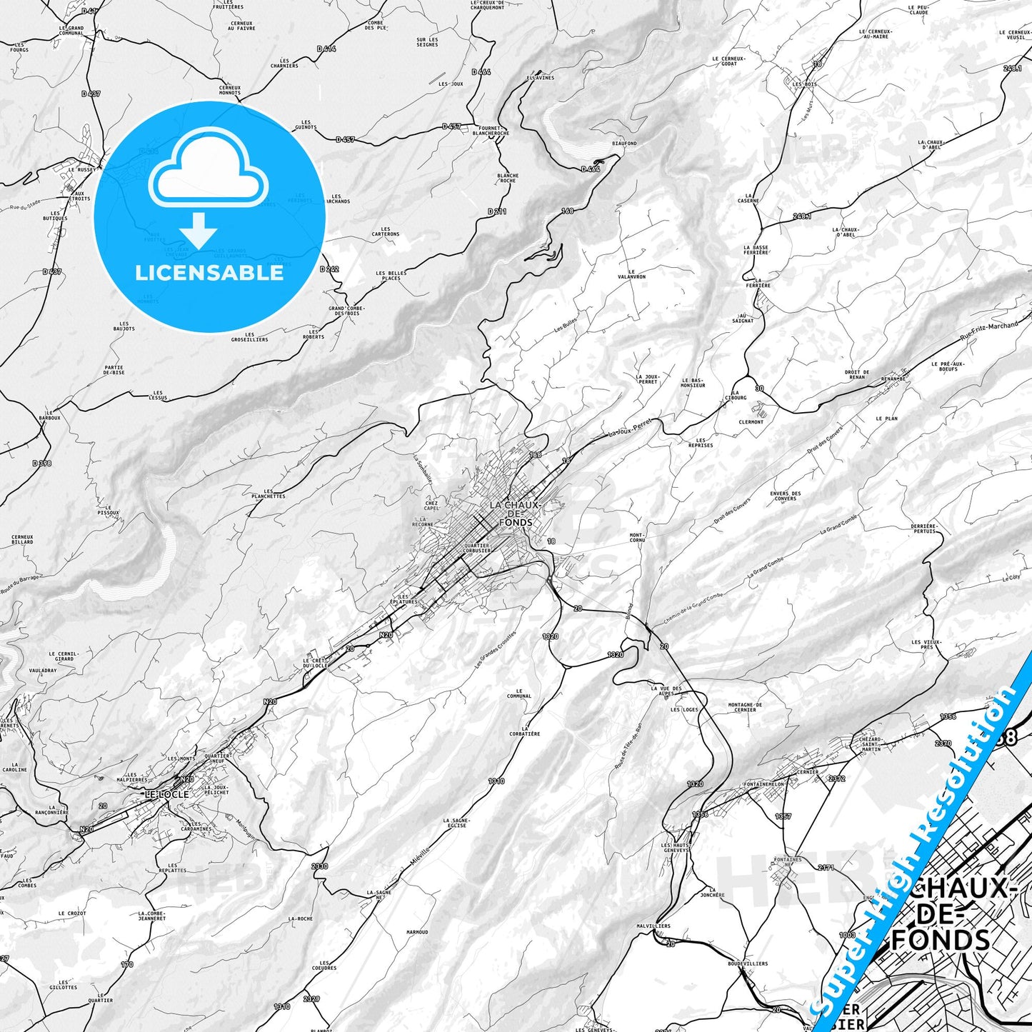 La Chaux-de-Fonds, Switzerland light map with streetnames, citynames and districts