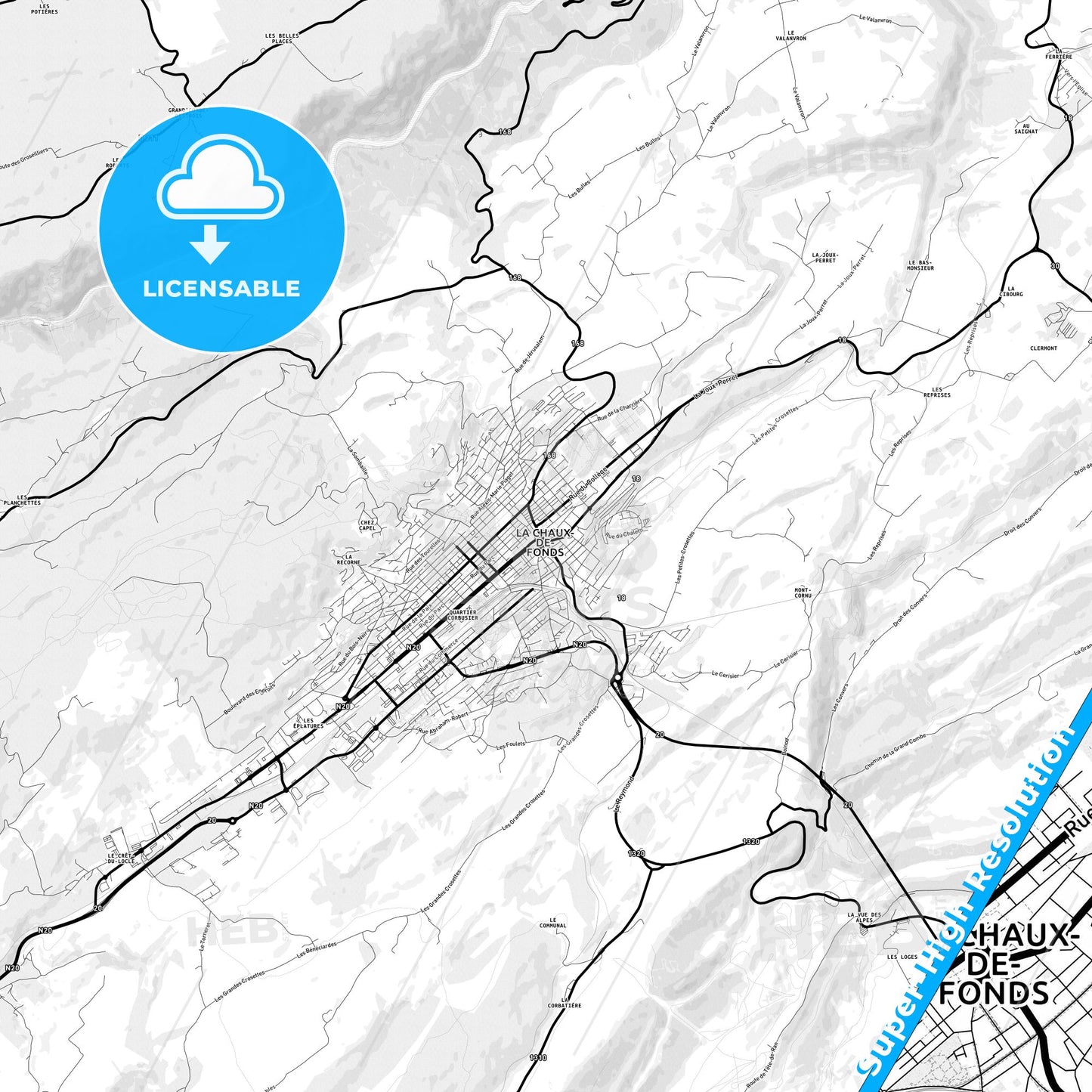 La Chaux-de-Fonds, Switzerland Light Map with Street Names, City Names, and Districts