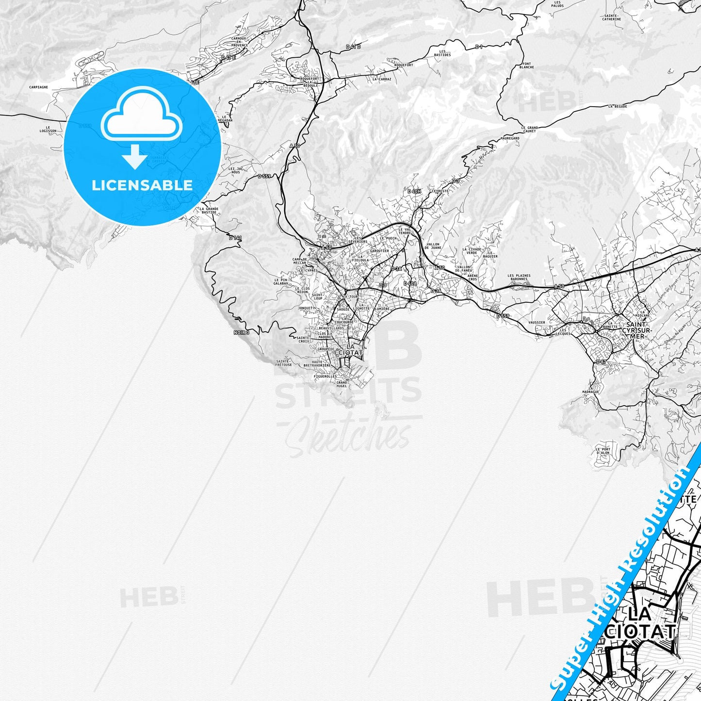 La Ciotat, France light map with streetnames, citynames and districts