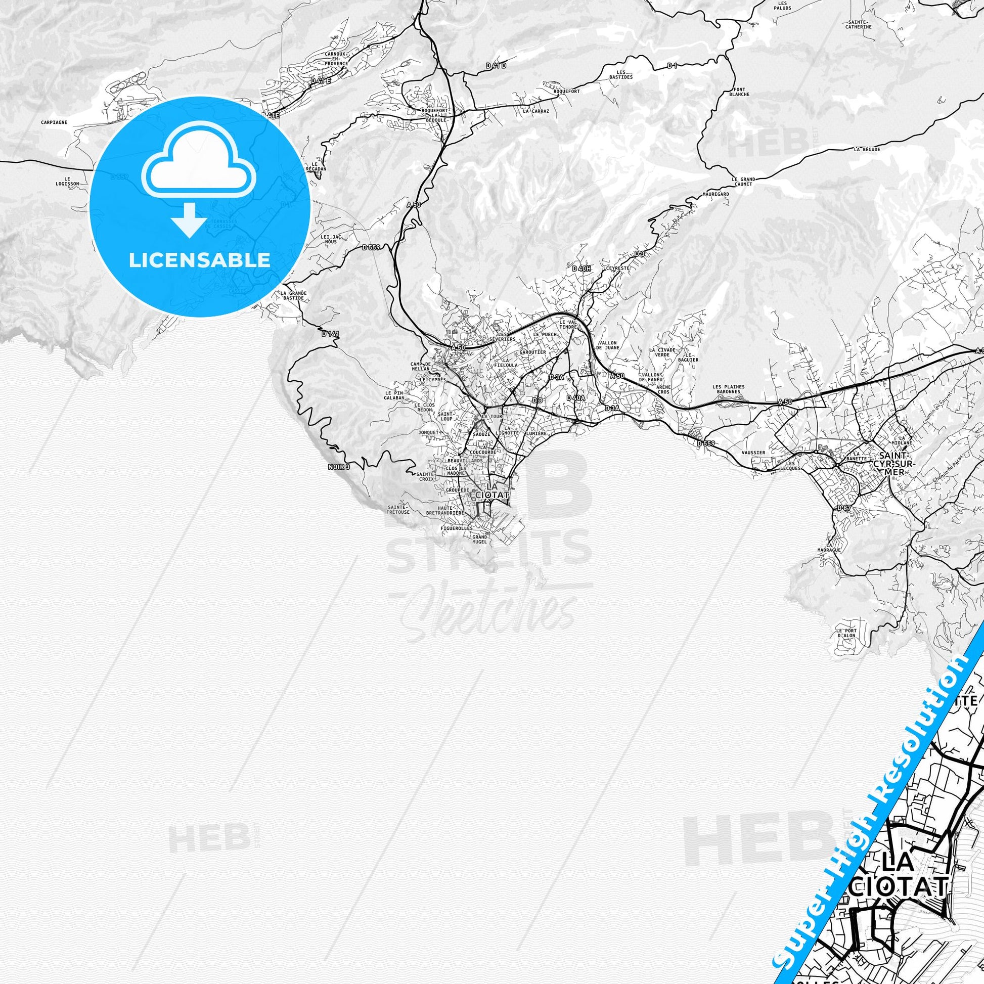 La Ciotat, France light map with streetnames, citynames and districts