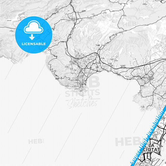 La Ciotat, France light map with streetnames, citynames and districts