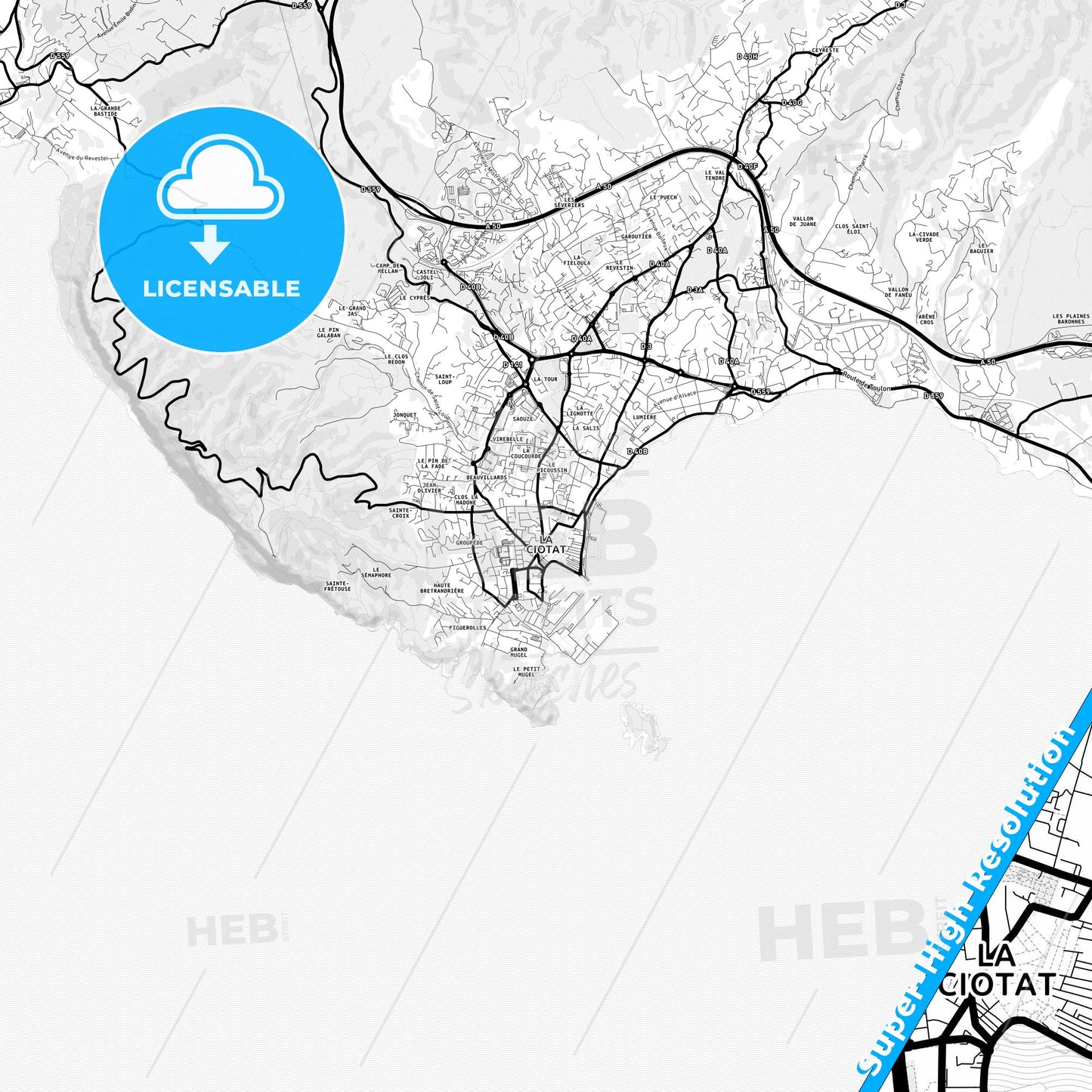La Ciotat, France Light Map with Street Names, City Names, and Districts