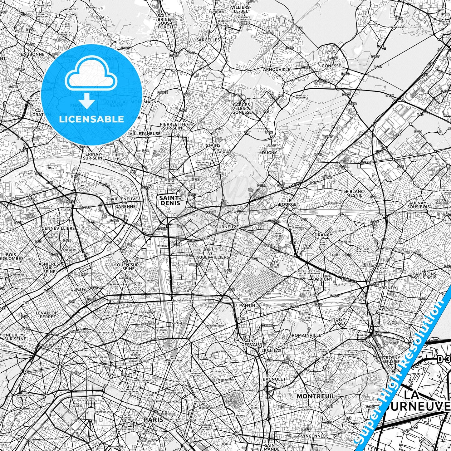 La Courneuve, France light map with streetnames, citynames and districts