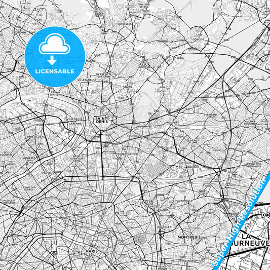 La Courneuve, France light map with streetnames, citynames and districts