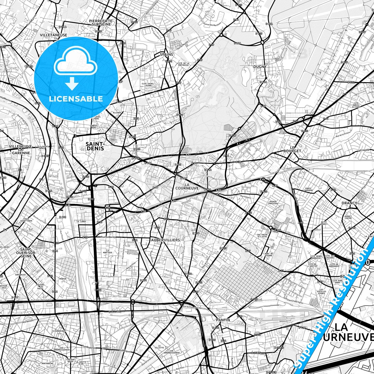 La Courneuve, France Light Map with Street Names, City Names, and Districts