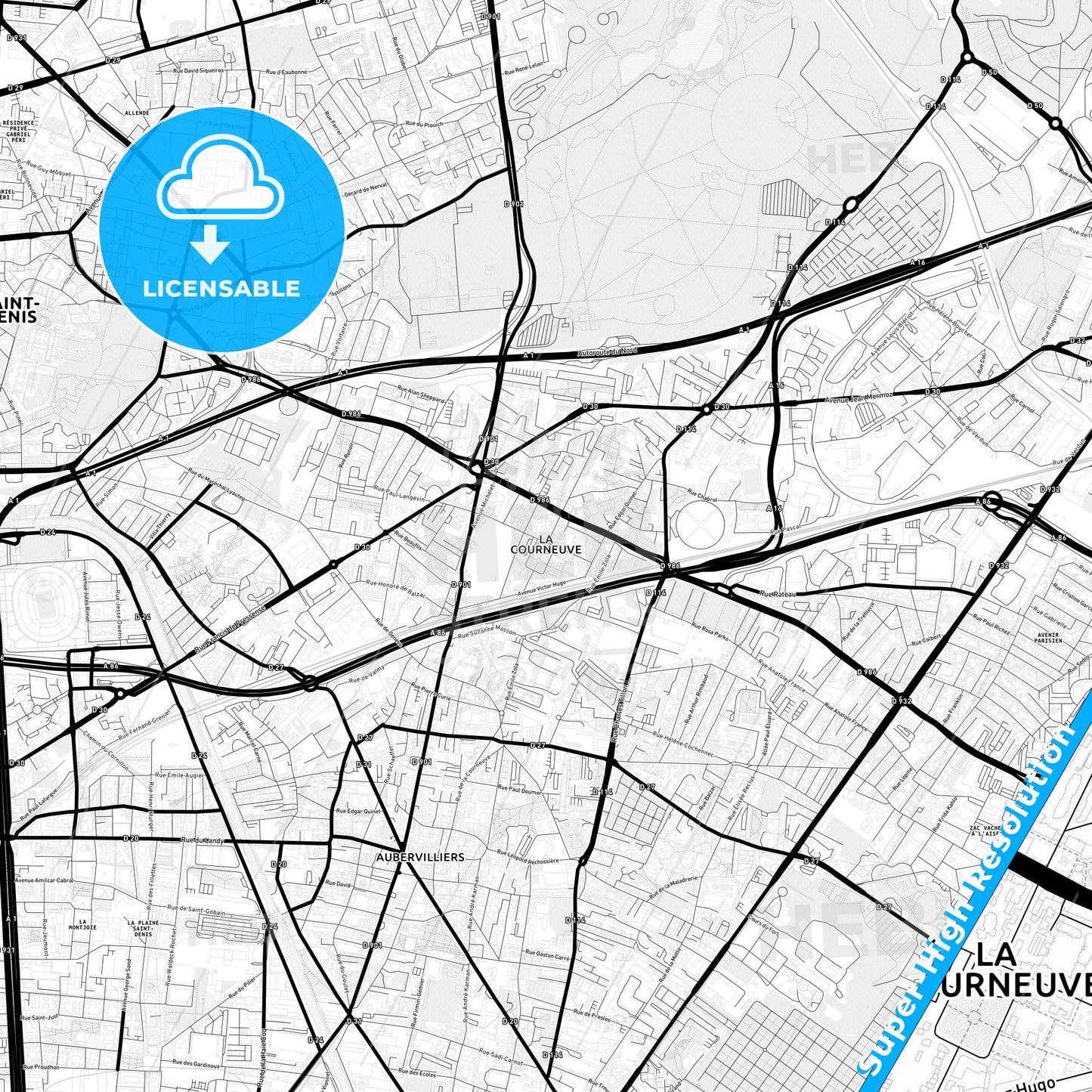 La Courneuve, France Light Map with Street Names, City Names, and Districts