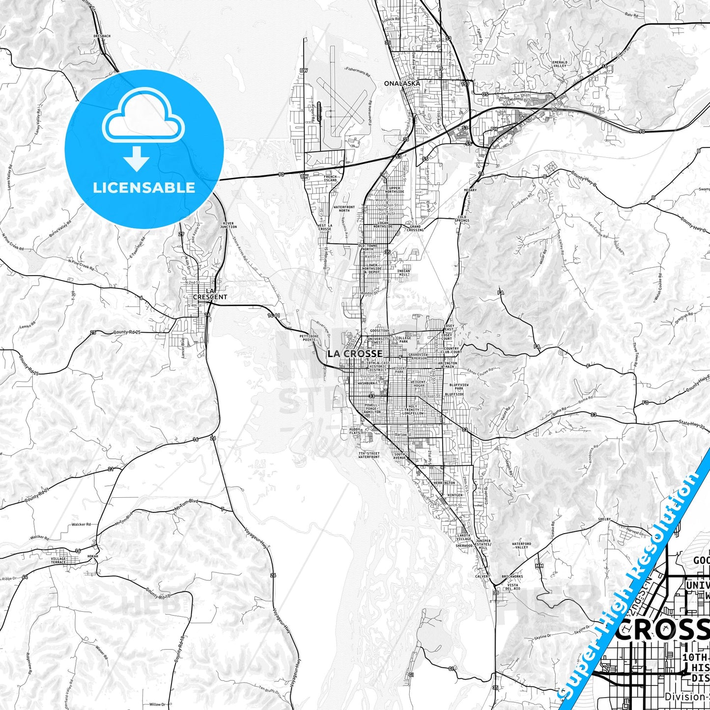 La Crosse, Wisconsin light map with streetnames, citynames and districts