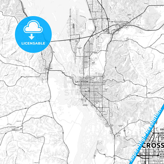 La Crosse, Wisconsin light map with streetnames, citynames and districts