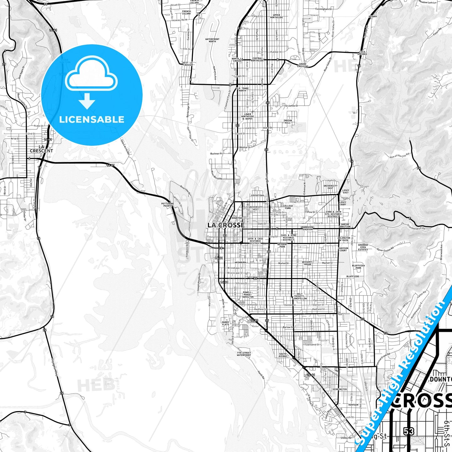 La Crosse, Wisconsin Light Map with Street Names, City Names, and Districts