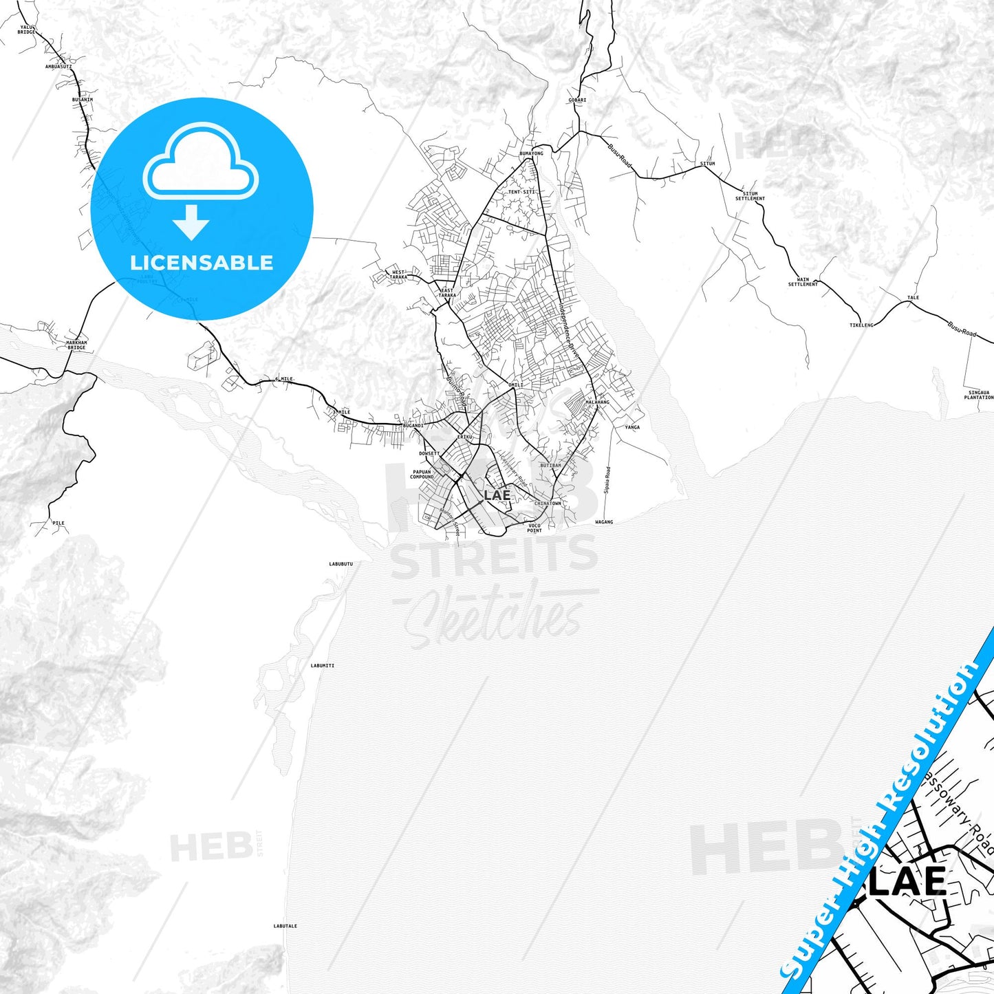 Lae, Papua New Guinea light map with streetnames, citynames and districts
