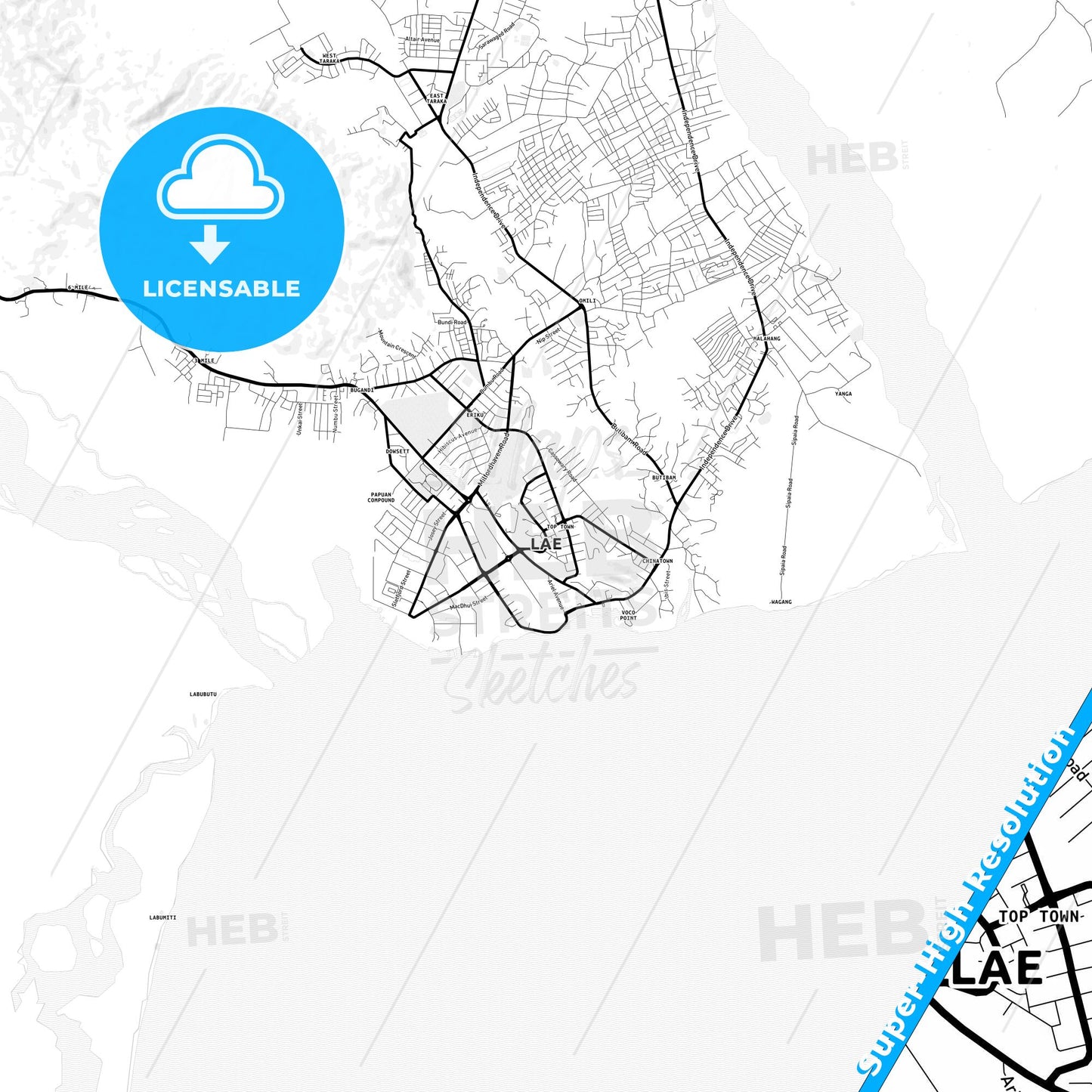Lae, Papua New Guinea Light Map with Street Names, City Names, and Districts
