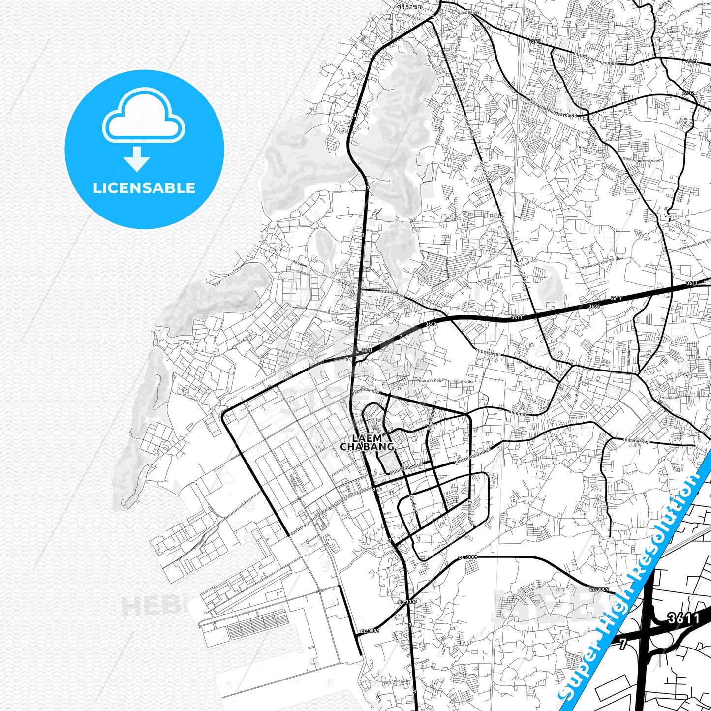 Laem Chabang, Thailand Light Map with Street Names, City Names, and Districts