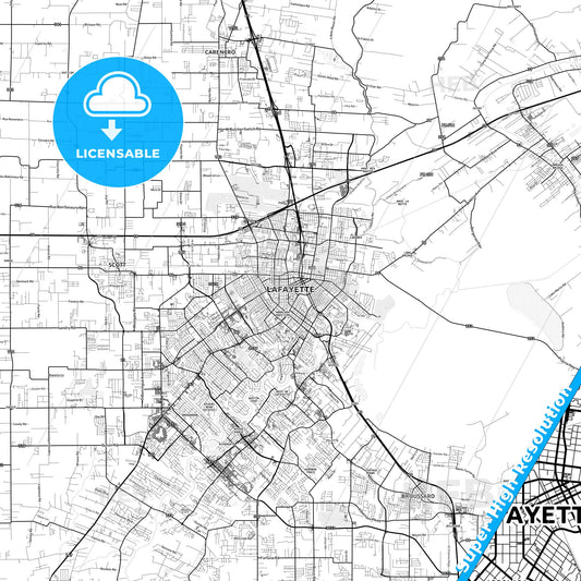 Lafayette, Louisiana light map with streetnames, citynames and districts