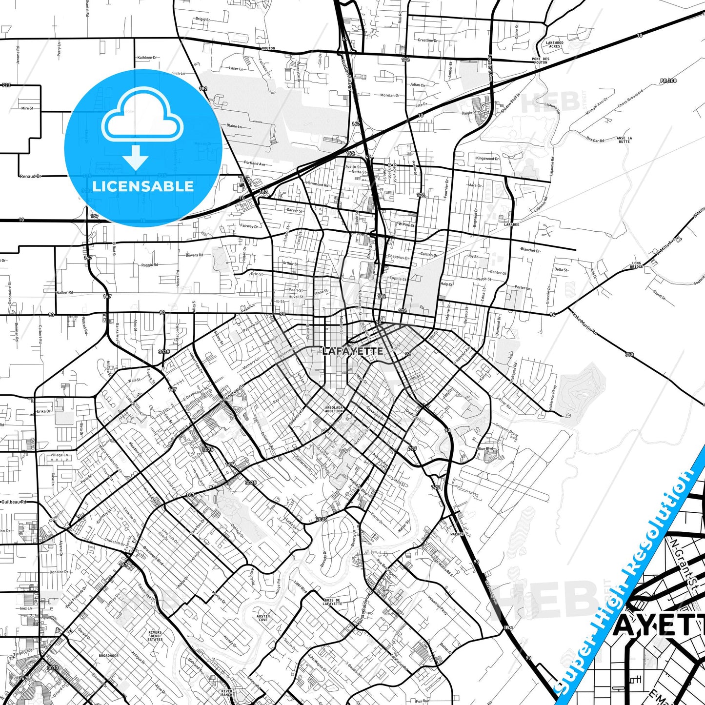Lafayette, Louisiana Light Map with Street Names, City Names, and Districts