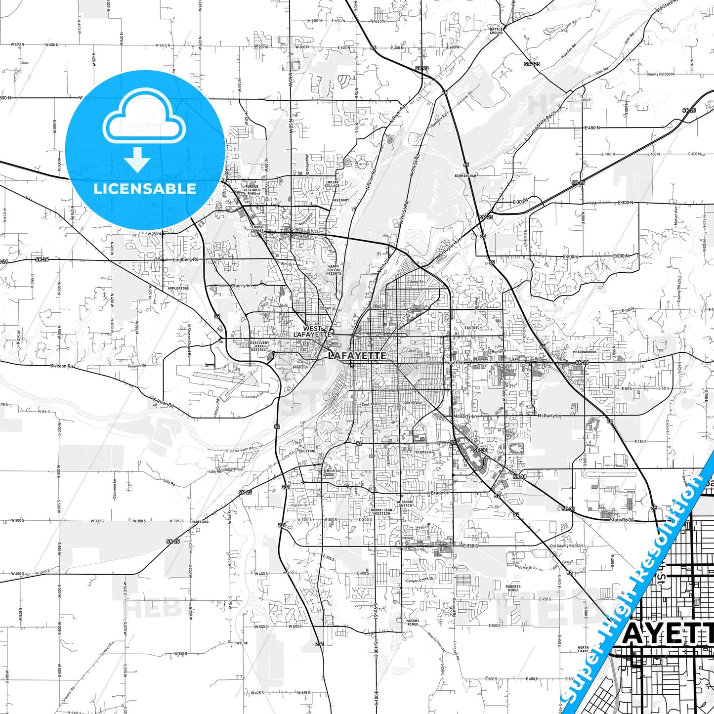 Lafayette, Indiana light map with streetnames, citynames and districts