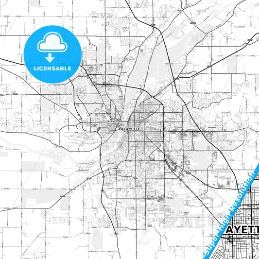 Lafayette, Indiana light map with streetnames, citynames and districts