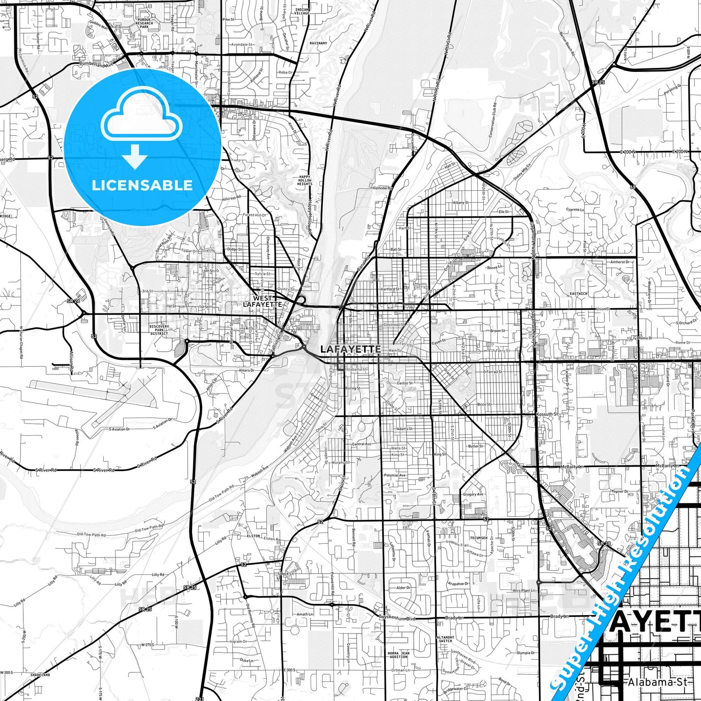 Lafayette, Indiana Light Map with Street Names, City Names, and Districts