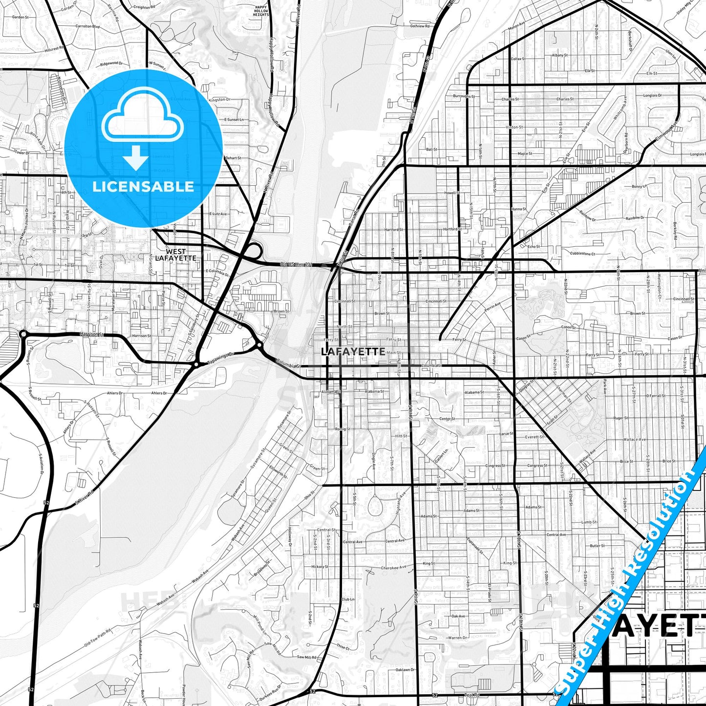 Lafayette, Indiana Light Map with Street Names, City Names, and Districts