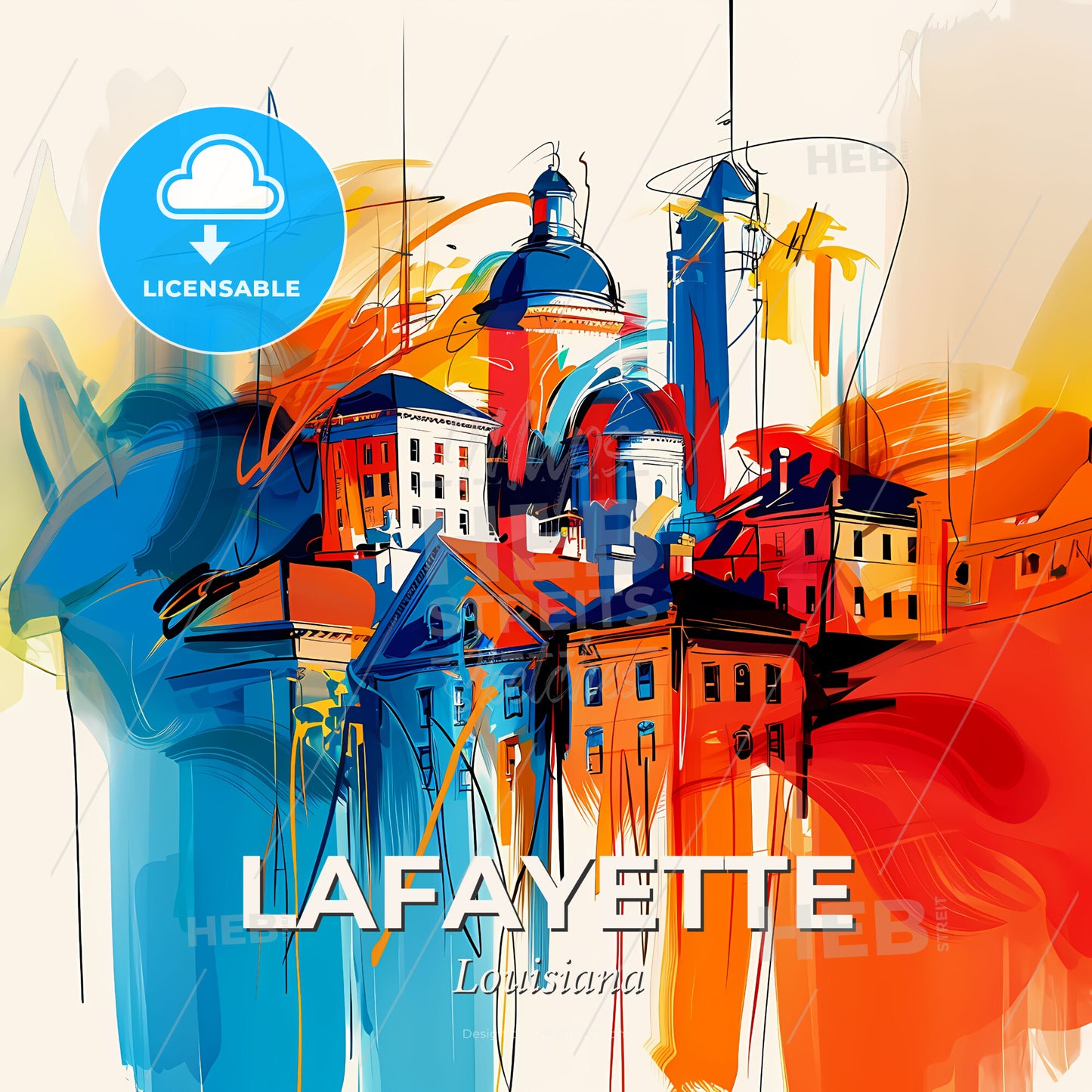 Vibrant Lafayette, Louisiana - A Colorful Painting Of Buildings - Square format print template