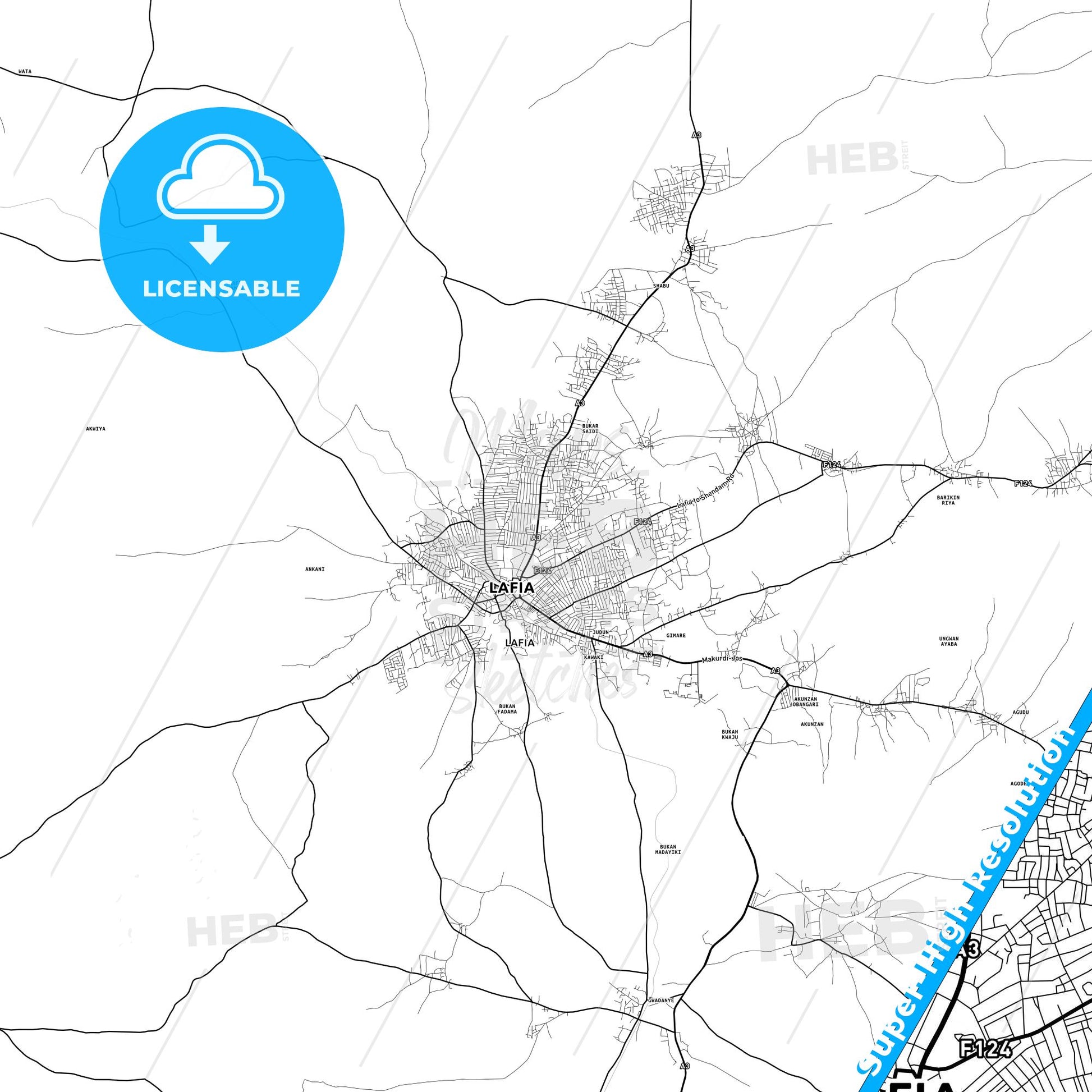 Lafia, Nigeria light map with streetnames, citynames and districts