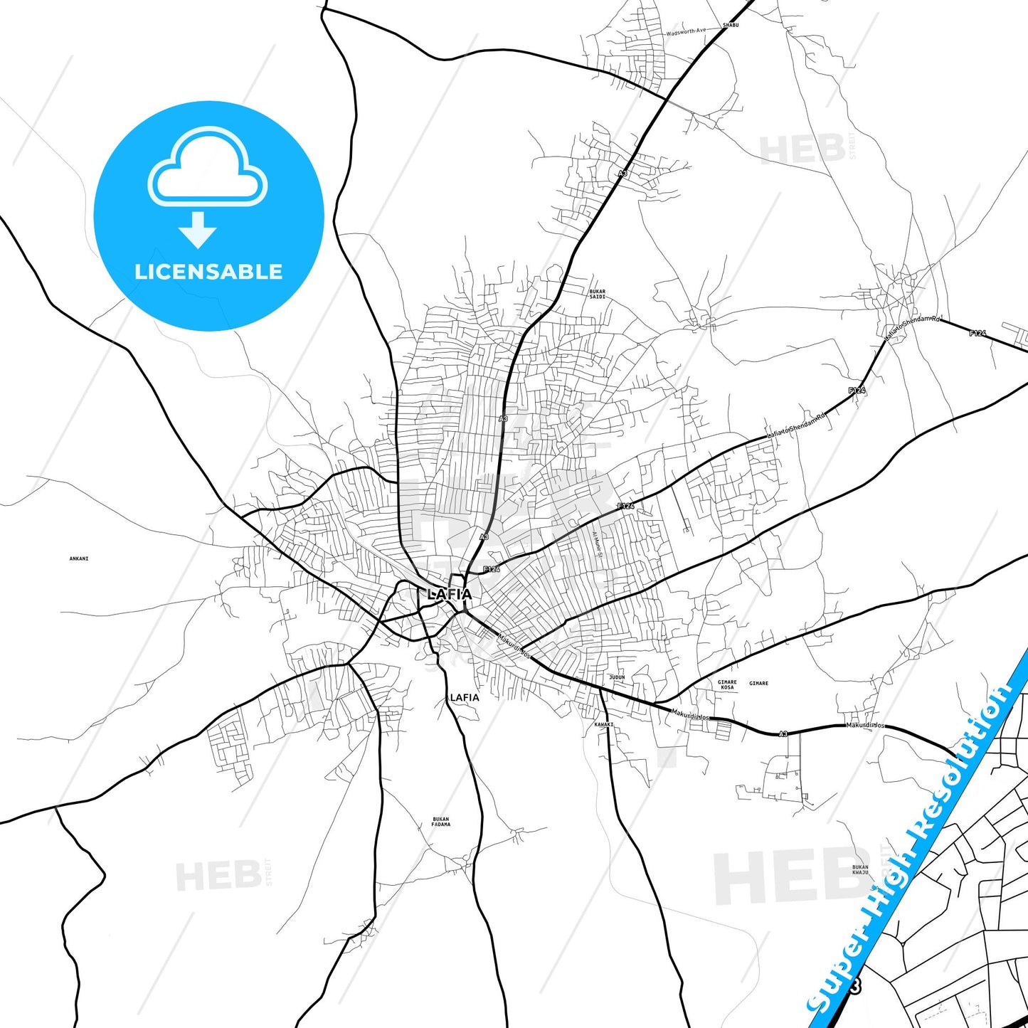 Lafia, Nigeria Light Map with Street Names, City Names, and Districts