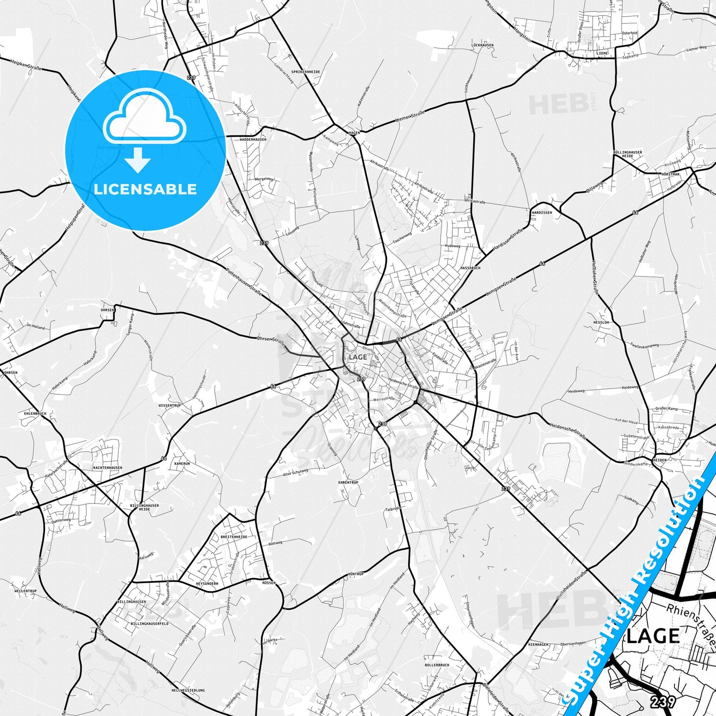 Lage, Germany Light Map with Street Names, City Names, and Districts
